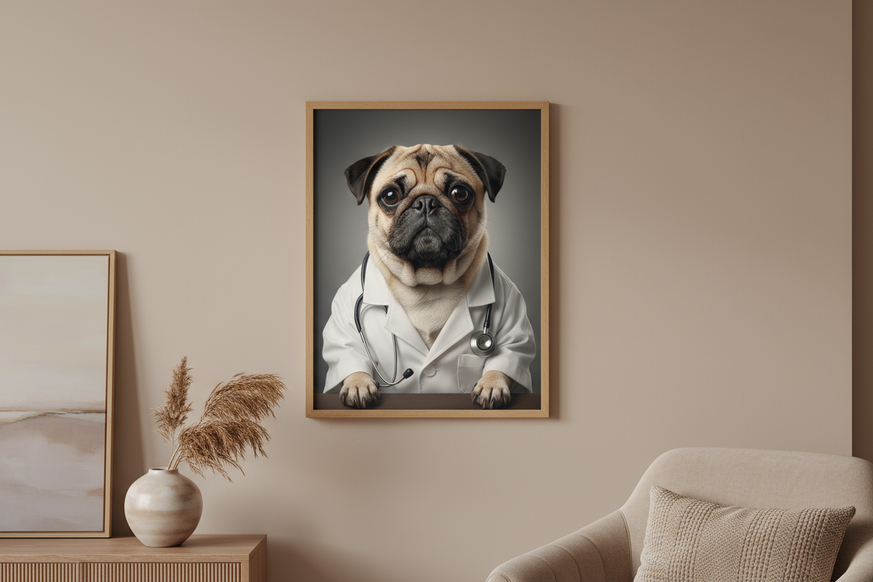 create a portrait of a pug dog as a doctor. The image will be from his waiste upwards and presented in a thin wooden frame on a wall in a living room