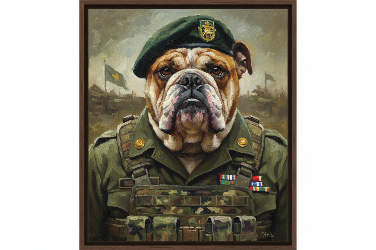 Create a protrait like a painted style of a bull dog dressed in army gear from waiste upwards. presented in a thin wooden frame